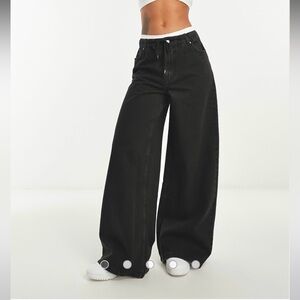 ASOS DESIGN Pull On Black Drawstring Wide Leg Pants 100% Cotton Denim size 14